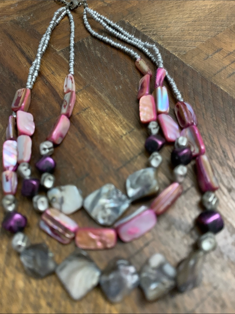 Multi-Strand Mother of pearl/ AbaloneShell pink and Silver Statement Necklace